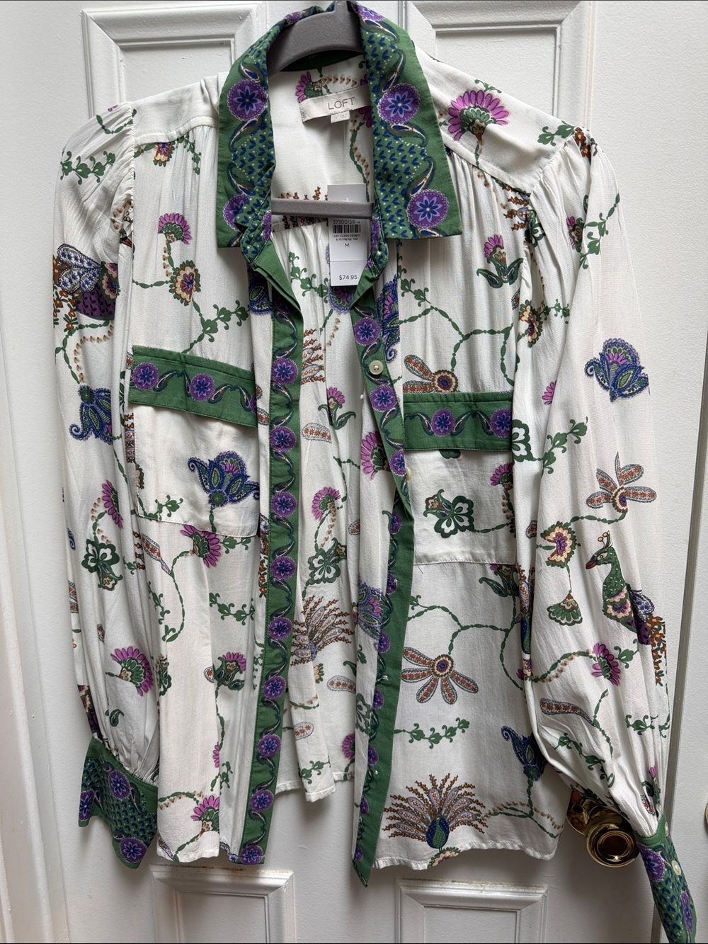 LOFT White Button-Down Shirt with Green Trim and Purple Floral Print